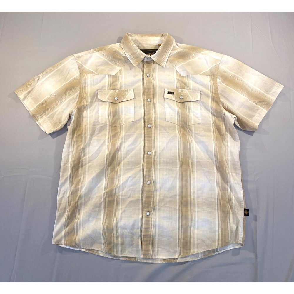Howler Bros Men L Pearl Snap Rodeo Short Sleeve Western Plaid Shirt Brown Tan